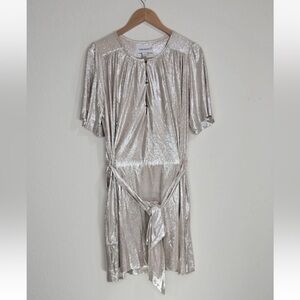 Sabina Musayev x ANTHROPOLOGIE Mercury Gold Metallic Belted Shift Dress Size M